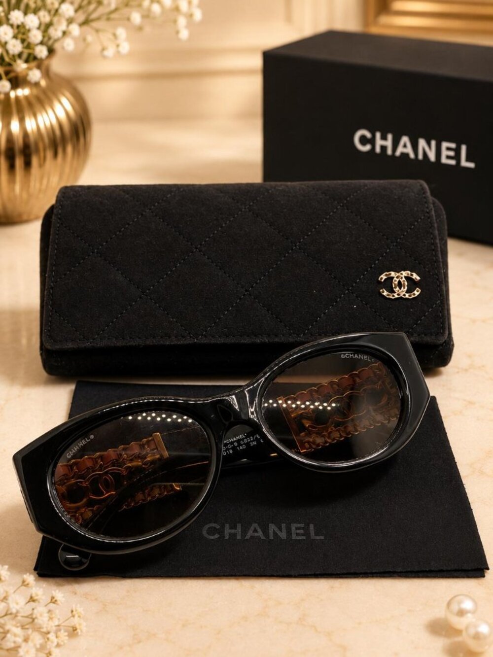 CHANEL Chain CC Sunglasses Black Gold Pink Oversized Designer Luxury Shades